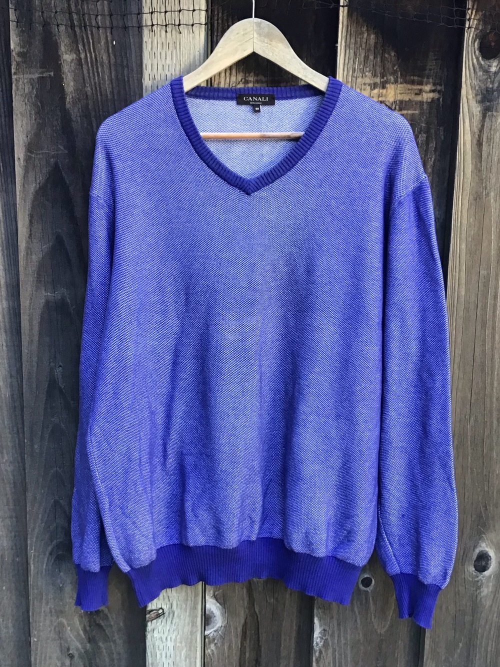Canali Knit V Neck Sweater Purple Blue Cotton Pullover Mens Size 58 Italy